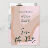 ピンクのレトロウェディング日付を保存 招待状 (正面/裏面)