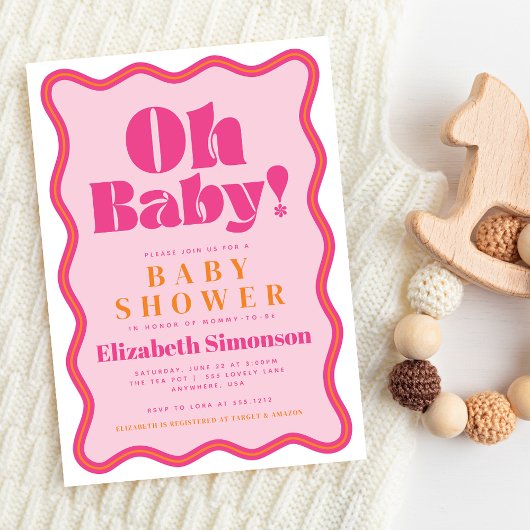 ピンクのレトロオベビー波状スクイグルフレームベビーシャワー 招待状