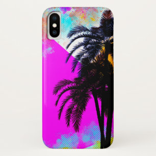 ピンクのレトロカラフルな夏のビーチのヤシの木 iPhone X ケース