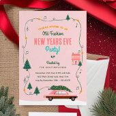 ピンクのレトロカーが彩るオールドファッションのニューイヤーズイブパーティー 招待状