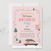 ピンクのレトロカーが彩るオールドファッションのニューイヤーズイブパーティー 招待状 (正面)