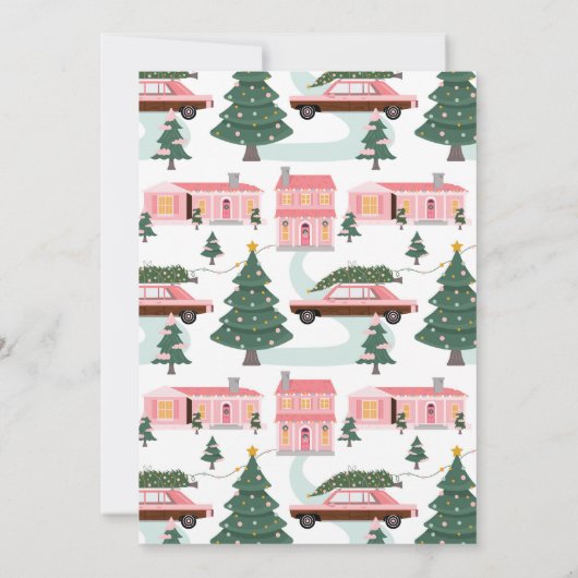 ピンクのレトロカーが彩るオールドファッションの新年の夜のパーティー 招待状 (裏面)