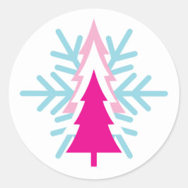 ピンクのレトロクリスマスツリー・スノーフレークシール ラウンドシール