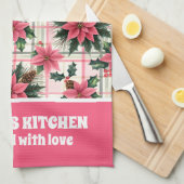 ピンクのレトロクリスマスフローラプレイドメリークリスマス キッチンタオル (四つ折り)