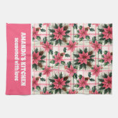 ピンクのレトロクリスマスフローラプレイドメリークリスマス キッチンタオル (横)