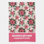 ピンクのレトロクリスマスフローラプレイドメリークリスマス キッチンタオル (縦)