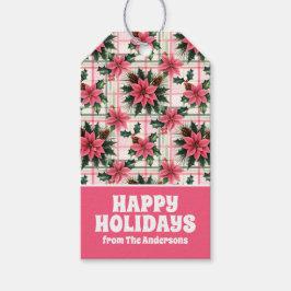 ピンクのレトロクリスマスフローラプレイドメリークリスマス ギフトタグ