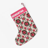ピンクのレトロクリスマスフローラプレイドメリークリスマス スモールクリスマスストッキング (裏面 (吊り時))