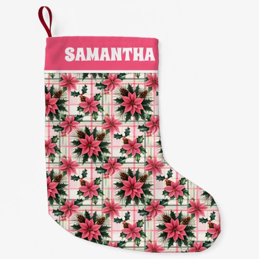 ピンクのレトロクリスマスフローラプレイドメリークリスマス スモールクリスマスストッキング (正面)