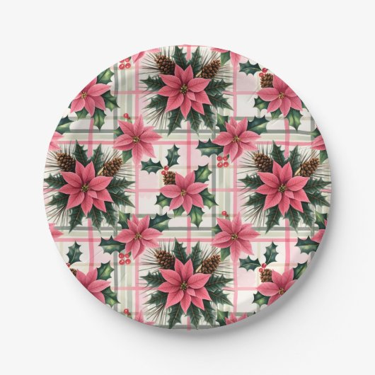 ピンクのレトロクリスマスフローラプレイドメリークリスマス ペーパープレート (正面)