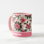 ピンクのレトロクリスマスフローラプレイドメリークリスマス マグカップ (正面左)