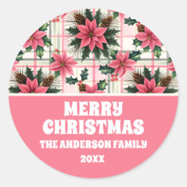 ピンクのレトロクリスマスフローラプレイドメリークリスマス ラウンドシール