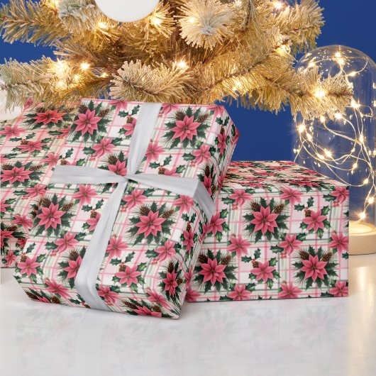 ピンクのレトロクリスマスフローラプレイドメリークリスマス ラッピングペーパー (クリスマス)