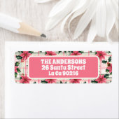 ピンクのレトロクリスマスフローラプレイドメリークリスマス ラベル (インサイチュ)