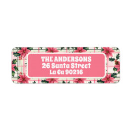 ピンクのレトロクリスマスフローラプレイドメリークリスマス ラベル