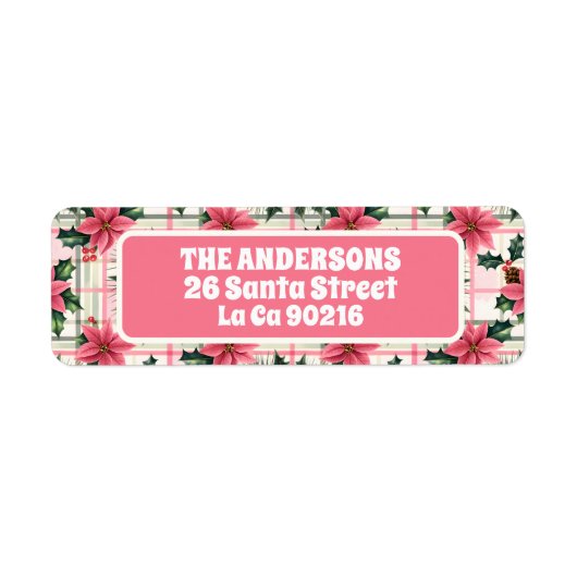 ピンクのレトロクリスマスフローラプレイドメリークリスマス ラベル (正面)