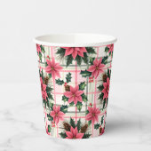 ピンクのレトロクリスマスフローラプレイドメリークリスマス 紙コップ (左)