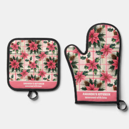 ピンクのレトロクリスマスフローラプレイドメリークリスマス 鍋つかみ&鍋敷きセット