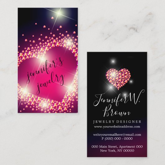 ピンクのレトロジュエリーハートきらきら光るダイヤモンド 名刺 (正面/裏面)