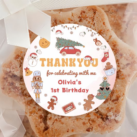 ピンクのレトロチルストマスバースデーパーティーステッカー ラウンドシール