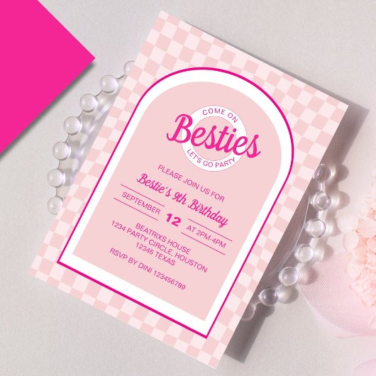 ピンクのレトロドール　レッツゴー　パーティ　バースデー 招待状