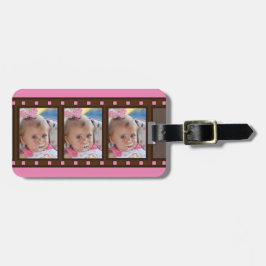 ピンクのレトロフィルムストラップデザインの荷物タグ(最大3枚までの顔写真を挿入可能) ラゲッジタグ
