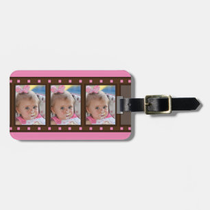 ピンクのレトロフィルムストラップデザインの荷物タグ（最大3枚までの顔写真を挿入可能） ラゲッジタグ