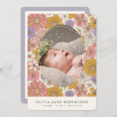 ピンクのレトロフローラ女の子の写真の誕生のお知らせ 招待状 (正面/裏面)