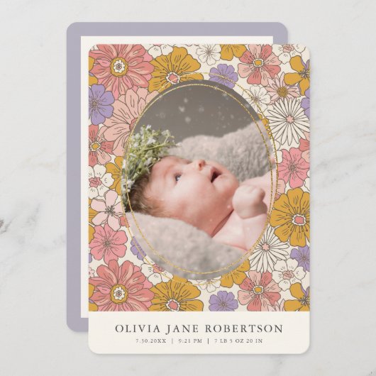 ピンクのレトロフローラ女の子の写真の誕生のお知らせ 招待状 (正面/裏面)