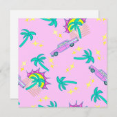 ピンクのレトロヤシの木と車 招待状 (正面/裏面)