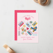 ピンクのレトロローラースケートクラスルームのバレンタイン ノートカード (正面/裏面インサイチュ)