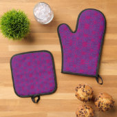 ピンクのレトロ幾何学模様 鍋つかみ&鍋敷きセット (トップダウン)