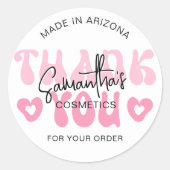 ピンクのレトロ70s Groovyフォントありがとうビジネス名 ラウンドシール (正面)