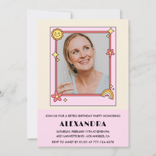 ピンクのレトロ70s Groovy写真54th birthday 招待状 (正面)