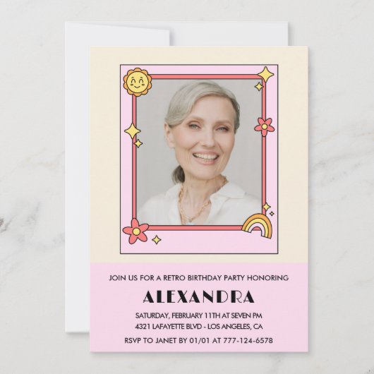 ピンクのレトロ70s Groovy写真73歳の誕生日 招待状 (正面)