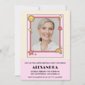 ピンクのレトロ70s Groovy写真82歳の誕生日 招待状 (正面)