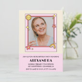 ピンクのレトロ70s Groovy Photo 61st birthday 招待状 (スタンド正面)