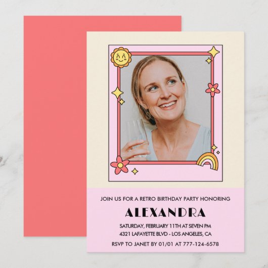 ピンクのレトロ70s Groovy Photo 61st birthday 招待状 (正面/裏面)