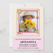 ピンクのレトロ70s Groovy Photo 98th birthday 招待状 (正面)