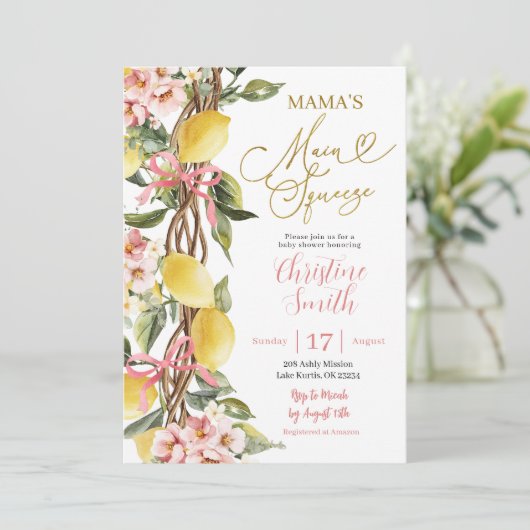 ピンクのレモネードと弓メイン絞りベビーシャワー 招待状 (スタンド正面)