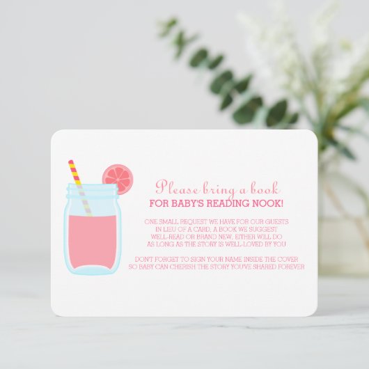 ピンクのレモネードのベビーシャワーの本の要求エンクロージャ エンクロージャーカード (スタンド正面)