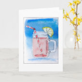ピンクのレモネードのメーソンジャーの水彩画 カード (黄色い花)