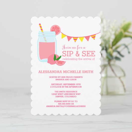 ピンクのレモネードの一口はパーティの招待状を見、 招待状 (スタンド正面)