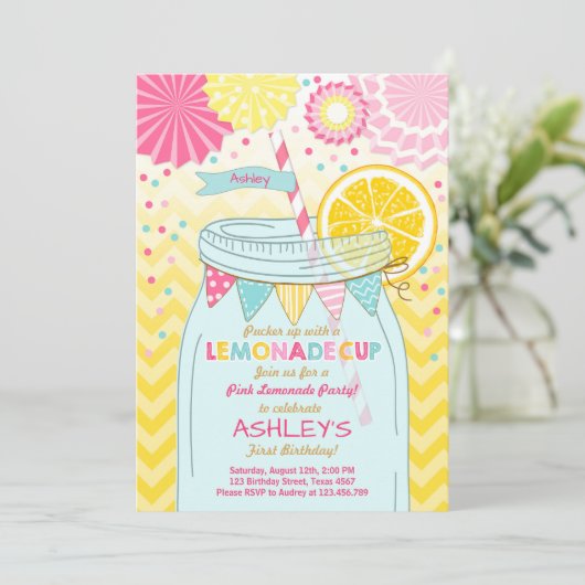 ピンクのレモネードの招待状の日光の最初誕生日 招待状 (スタンド正面)