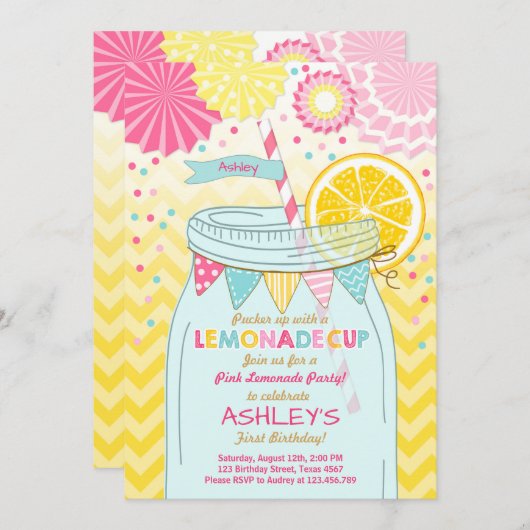 ピンクのレモネードの招待状の日光の最初誕生日 招待状 (正面/裏面)