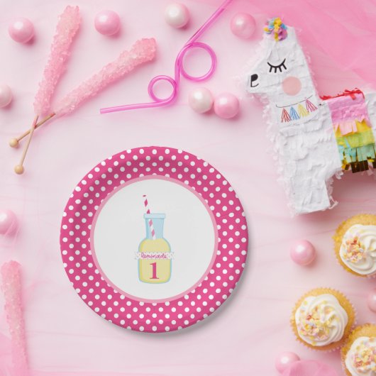 ピンクのレモネードの白い水玉模様の第1誕生日 ペーパープレート (パーティー)