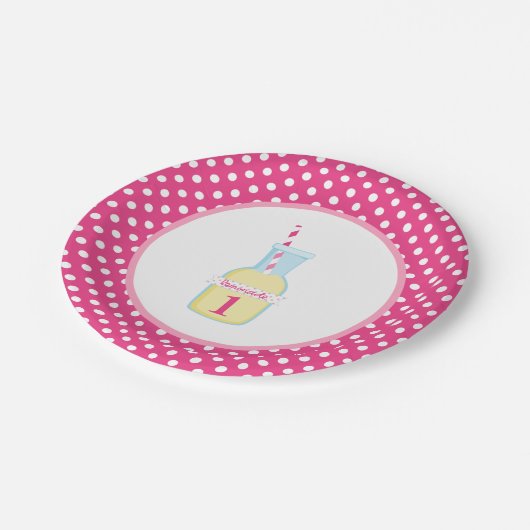 ピンクのレモネードの白い水玉模様の第1誕生日 ペーパープレート (アングル)