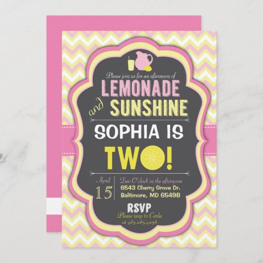 ピンクのレモネードの第2誕生日のシェブロンの招待状 招待状 (正面/裏面)