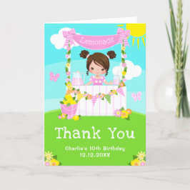 ピンクのレモネードスタンドの誕生日茶色の髪の女の子 サンキューカード