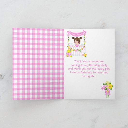 ピンクのレモネードスタンドの誕生日茶色の髪の少女 サンキューカード (内部)